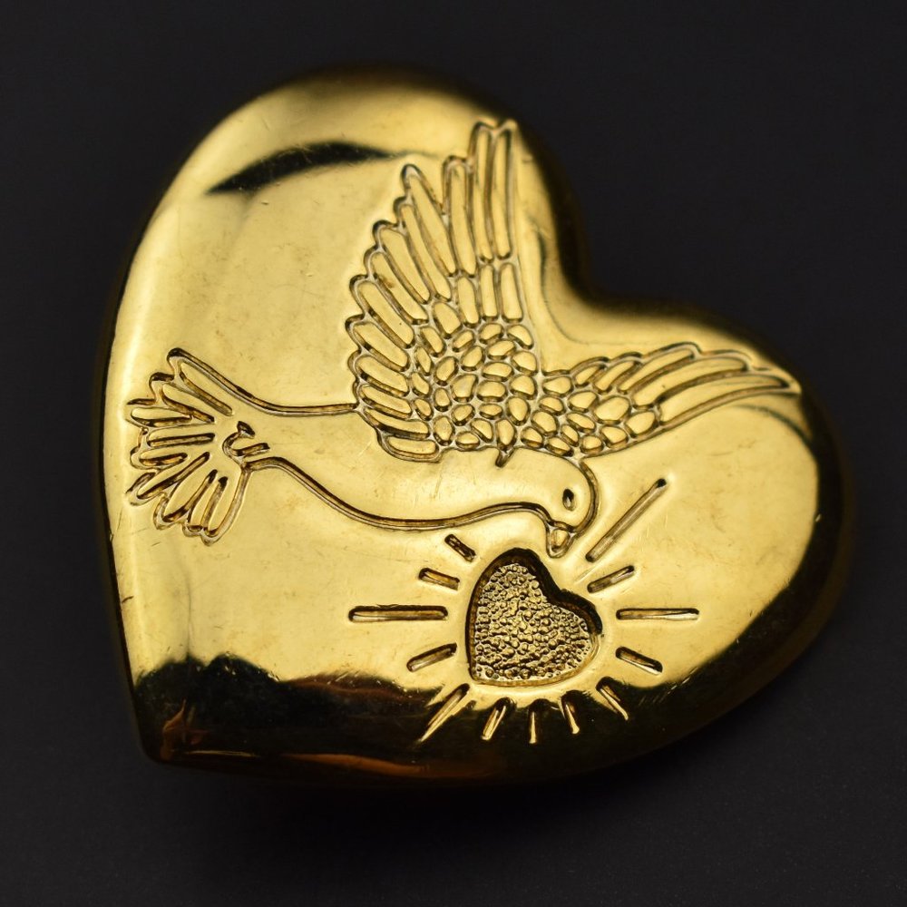 Gold heart and dove brooch, elegant quirky lapel pin